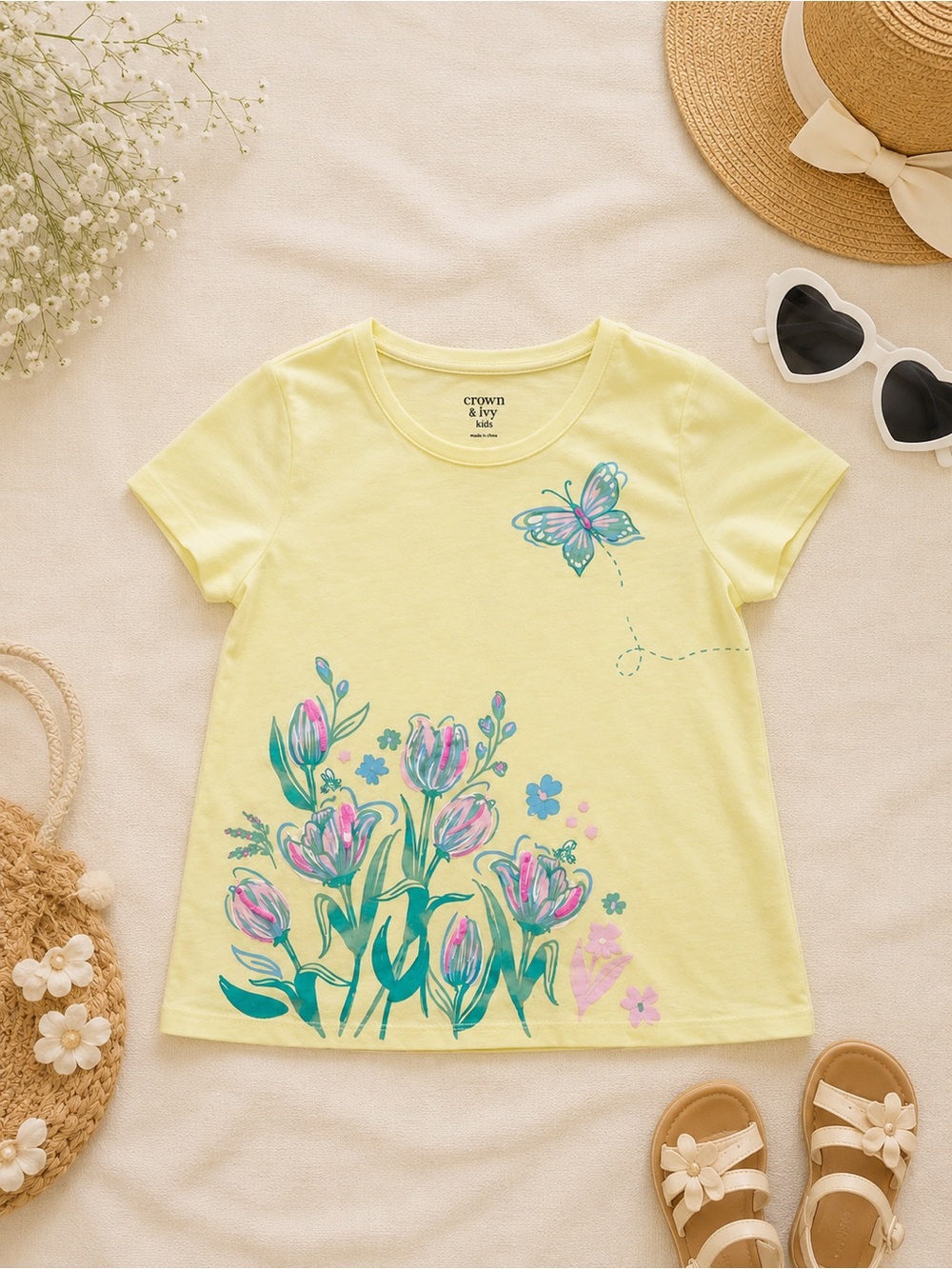 💛 🛍️NWT Crown & Ivy Girls Yellow Butterfly Floral Tee Size L 12-14🛍️💛